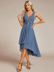 Sleeveless Chiffon High-Low Wedding Guest Dress with Waist Applique