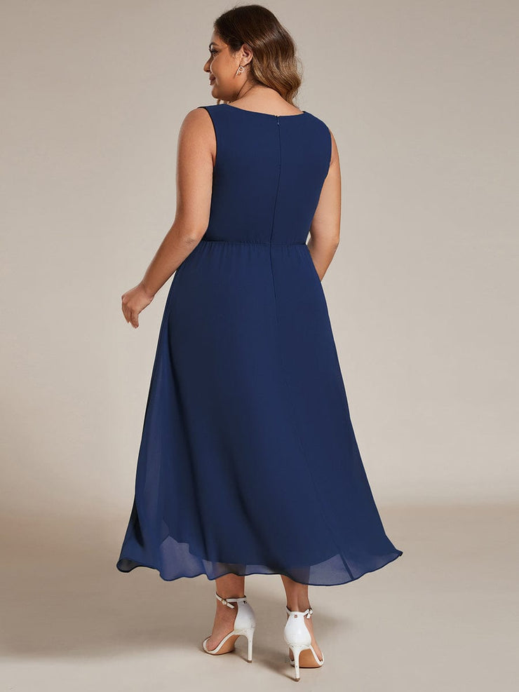 Plus Size Sleeveless Chiffon High-Low Wedding Guest Dress with Waist Applique