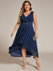 Plus Size Sleeveless Chiffon High-Low Wedding Guest Dress with Waist Applique