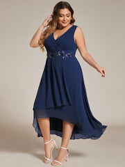 Plus Size Sleeveless Chiffon High-Low Wedding Guest Dress with Waist Applique