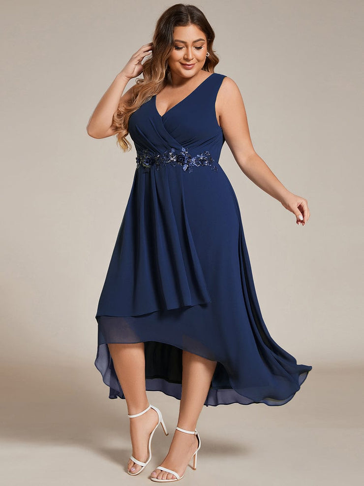 Sleeveless Chiffon High-Low Wedding Guest Dress with Waist Applique