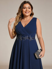 Plus Size Sleeveless Chiffon High-Low Wedding Guest Dress with Waist Applique