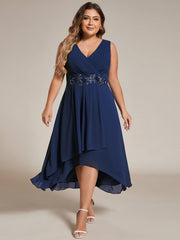 Plus Size Sleeveless Chiffon High-Low Wedding Guest Dress with Waist Applique