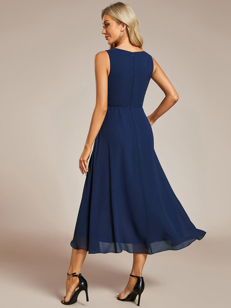 Sleeveless Chiffon High-Low Wedding Guest Dress with Waist Applique