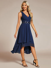 Sleeveless Chiffon High-Low Wedding Guest Dress with Waist Applique