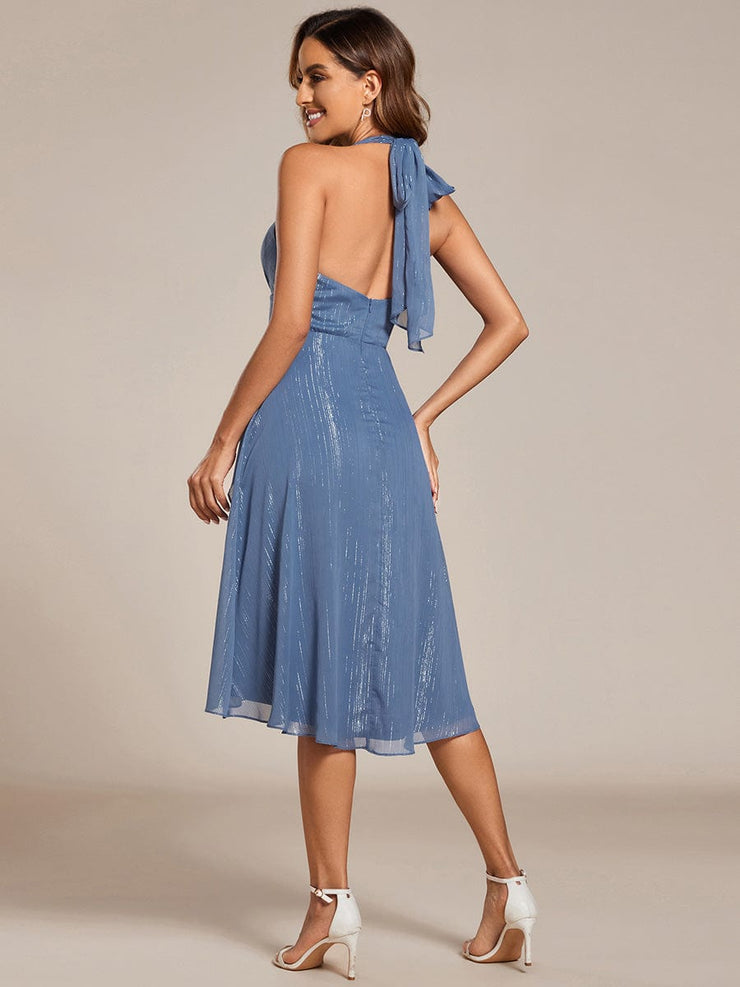 Sparkle Halter Bow Sleeveless Backless Wedding Guest Dress with V-Neck