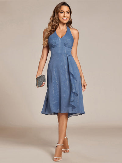 Sparkle Halter Bow Sleeveless Backless Wedding Guest Dress with V-Neck