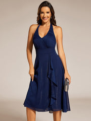 Sparkle Halter Bow Sleeveless Backless Wedding Guest Dress with V-Neck