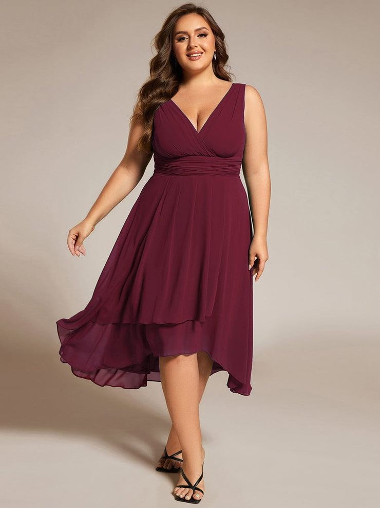 Plus Size Sleeveless Pleated High-Low Chiffon Wedding Guest Dress