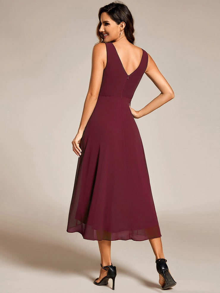 Elegant V-Neck Sleeveless Pleated High-Low Chiffon Wedding Guest Dress