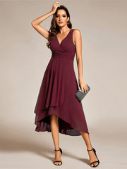 Elegant V-Neck Sleeveless Pleated High-Low Chiffon Wedding Guest Dress