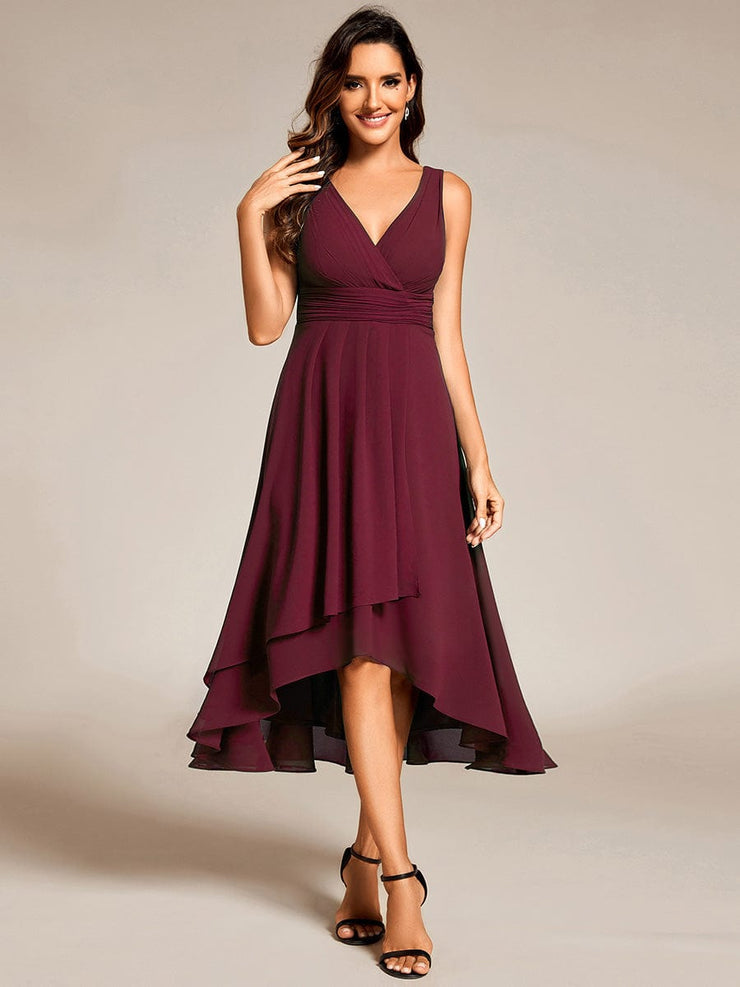 Elegant V-Neck Sleeveless Pleated High-Low Chiffon Wedding Guest Dress