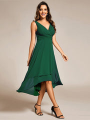 Elegant V-Neck Sleeveless Pleated High-Low Chiffon Wedding Guest Dress