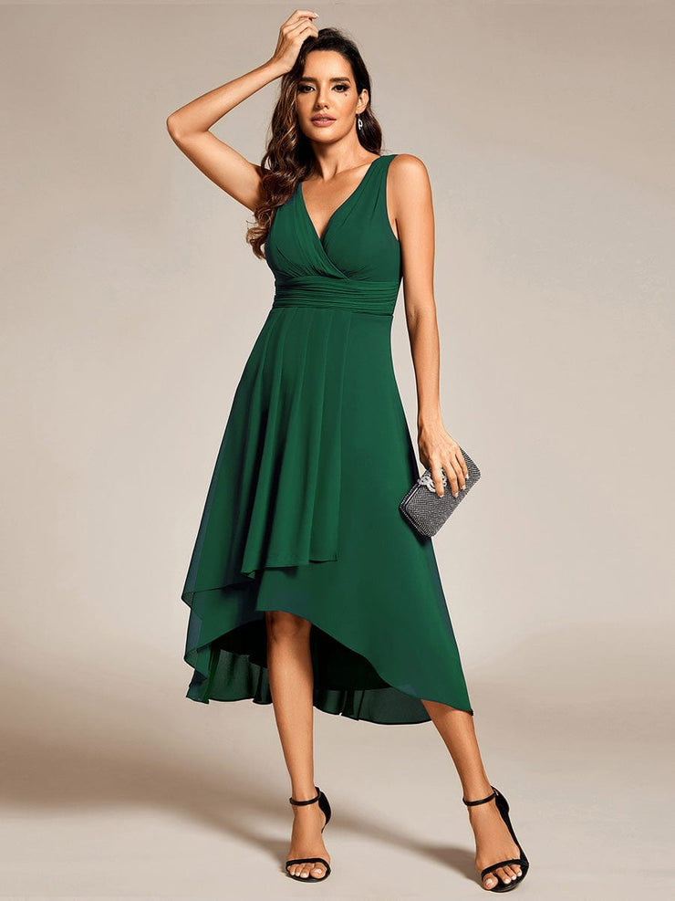 Elegant V-Neck Sleeveless Pleated High-Low Chiffon Wedding Guest Dress