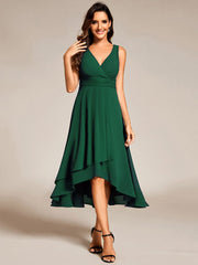 Elegant V-Neck Sleeveless Pleated High-Low Chiffon Wedding Guest Dress