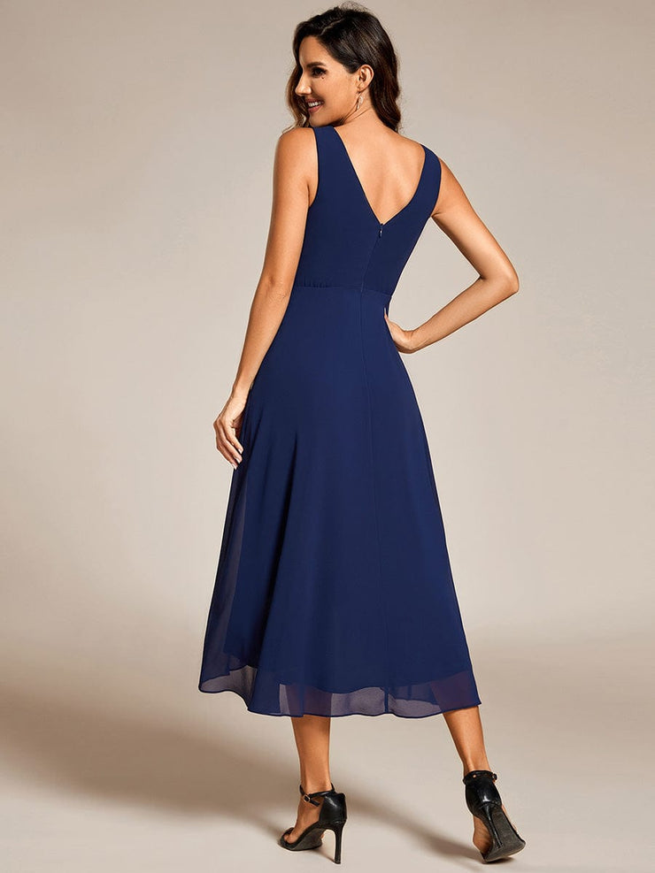 Elegant V-Neck Sleeveless Pleated High-Low Chiffon Wedding Guest Dress