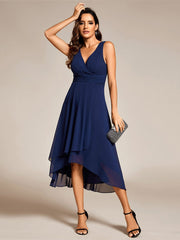 Elegant V-Neck Sleeveless Pleated High-Low Chiffon Wedding Guest Dress