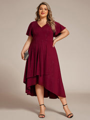 Glitter High-Low V-Neck Ruffled Sleeves Wedding Guest Dress