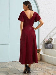 Glitter High-Low V-Neck Ruffled Sleeves Wedding Guest Dress