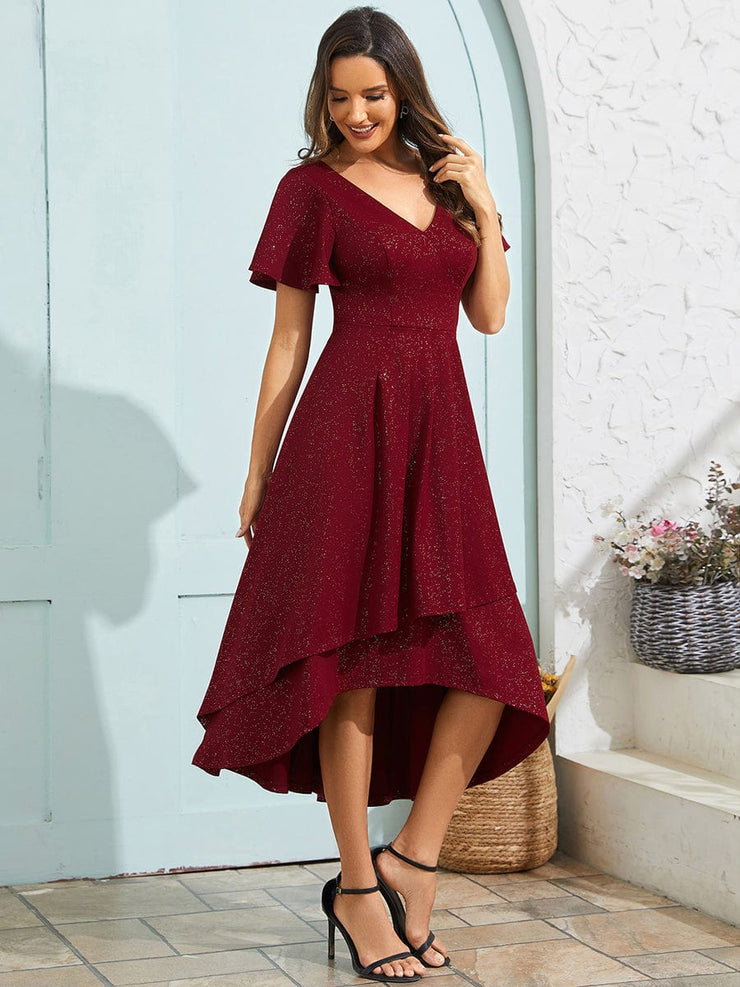 Glitter High-Low V-Neck Ruffled Sleeves Wedding Guest Dress