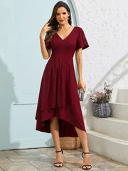 Glitter High-Low V-Neck Ruffled Sleeves Wedding Guest Dress