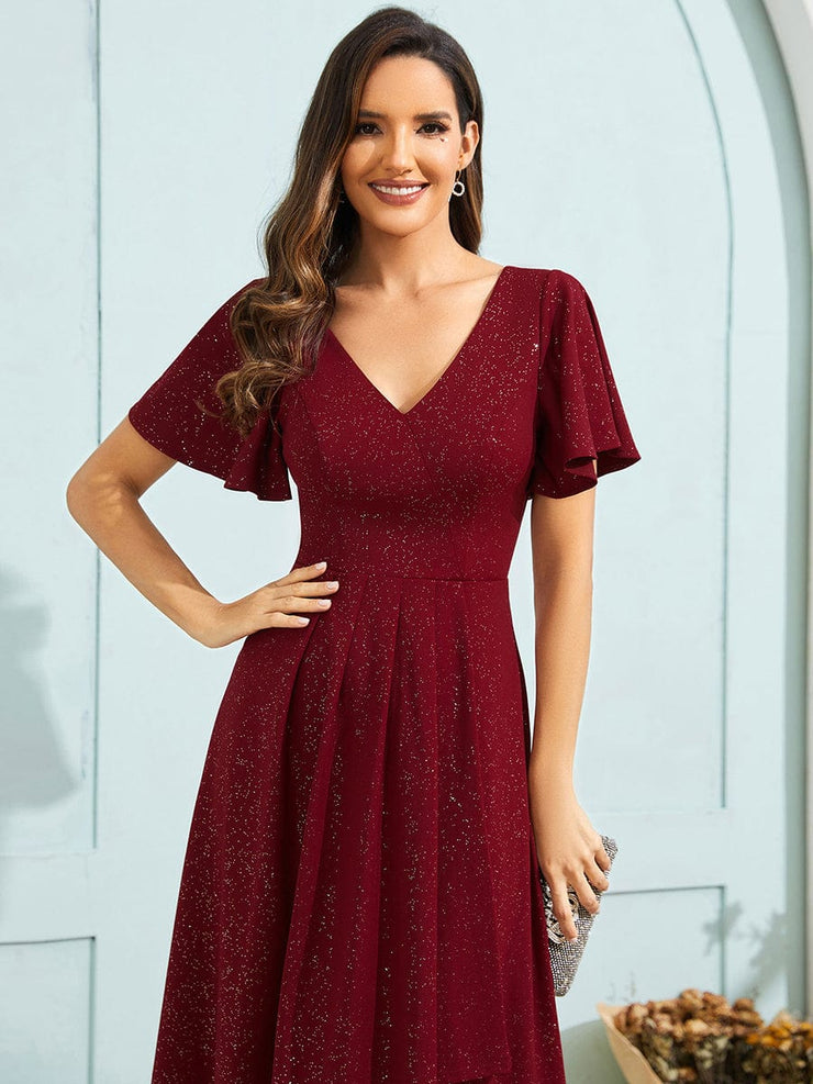 Glitter High-Low V-Neck Ruffled Sleeves Wedding Guest Dress