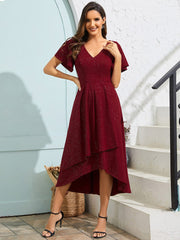 Glitter High-Low V-Neck Ruffled Sleeves Wedding Guest Dress