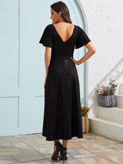 Glitter High-Low V-Neck Ruffled Sleeves Wedding Guest Dress