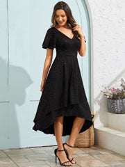 Glitter High-Low V-Neck Ruffled Sleeves Wedding Guest Dress