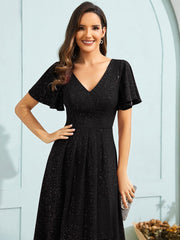 Glitter High-Low V-Neck Ruffled Sleeves Wedding Guest Dress