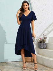 Glitter High-Low V-Neck Ruffled Sleeves Wedding Guest Dress