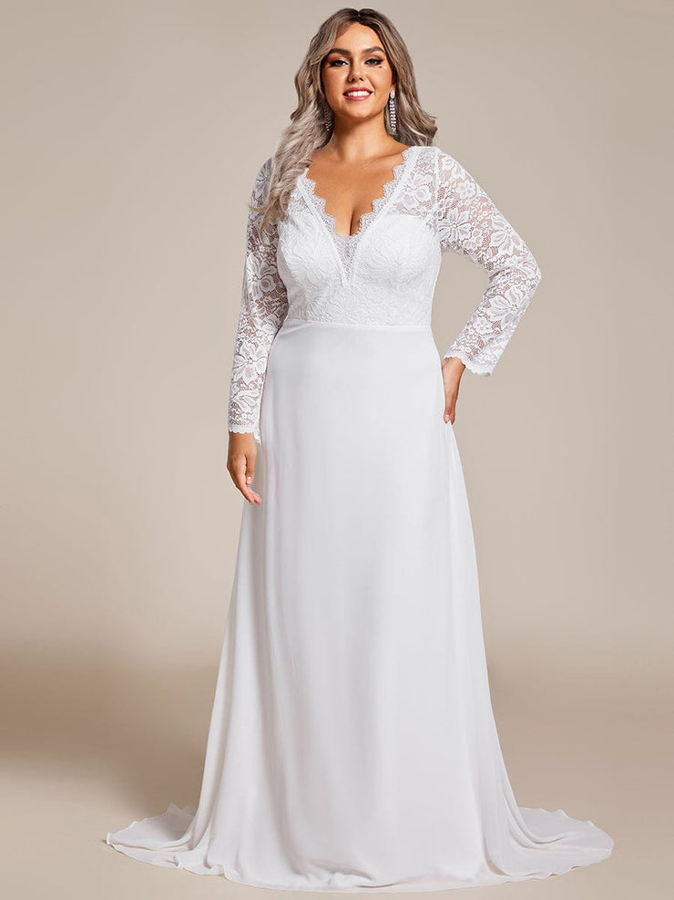 Plus Size Elegant Lace Chiffon Long Sleeves A-Line Wedding Dress