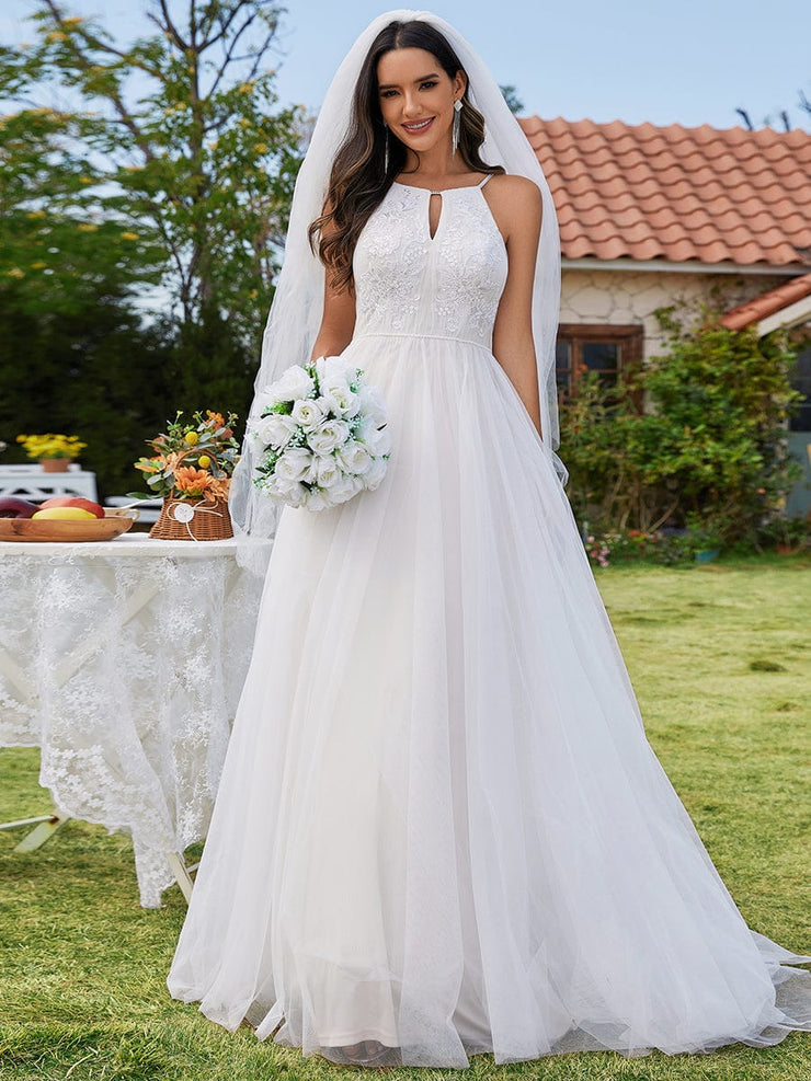 Halter Neck A-Line Tulle Wedding Dress with Applique