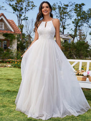 Halter Neck A-Line Tulle Wedding Dress with Applique