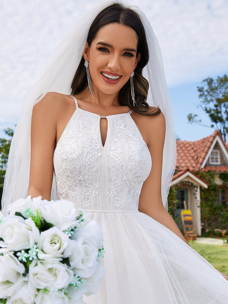 Halter Neck A-Line Tulle Wedding Dress with Applique