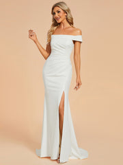 Off Shoulder Pleated Mermaid Wedding Dress with High Slit