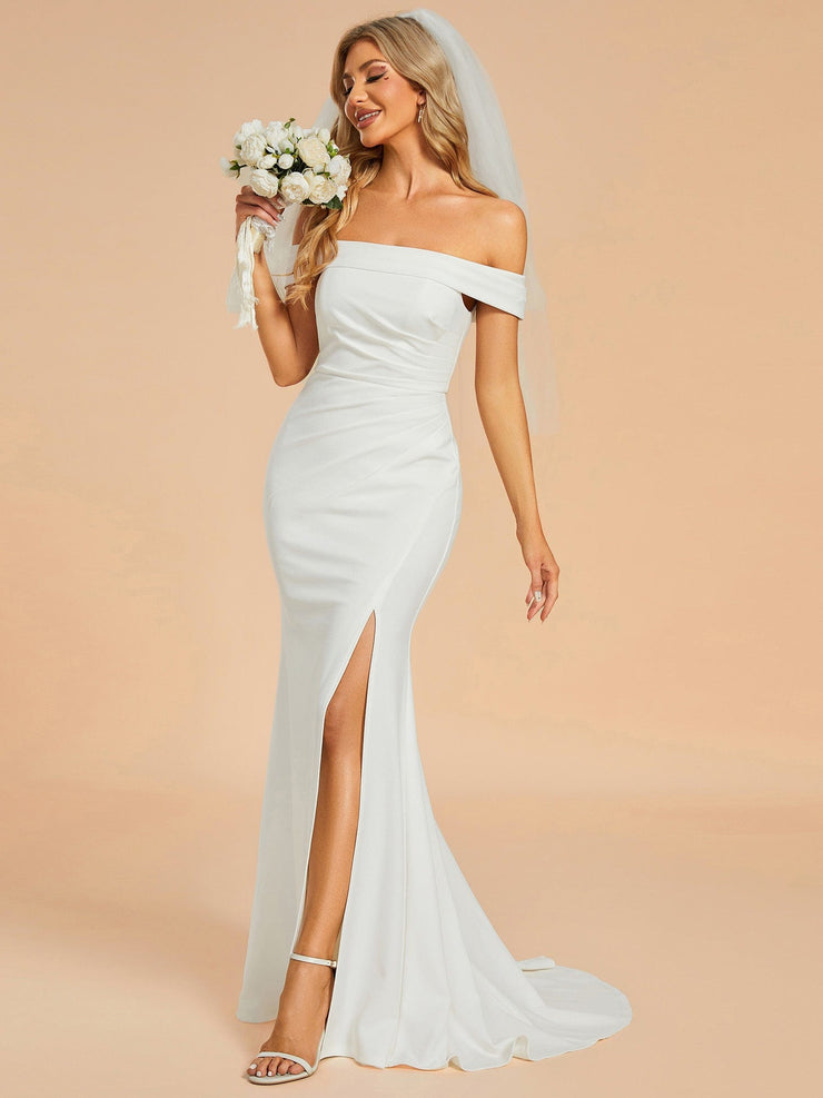 Off Shoulder Pleated Mermaid Wedding Dress with High Slit