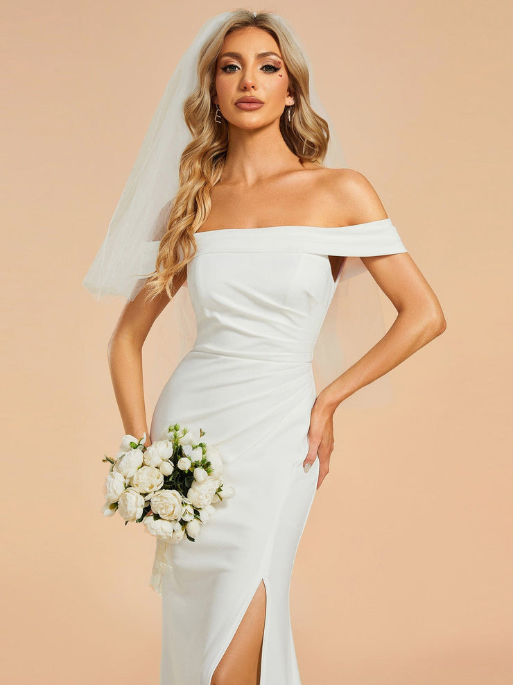 Off Shoulder Pleated Mermaid Wedding Dress with High Slit