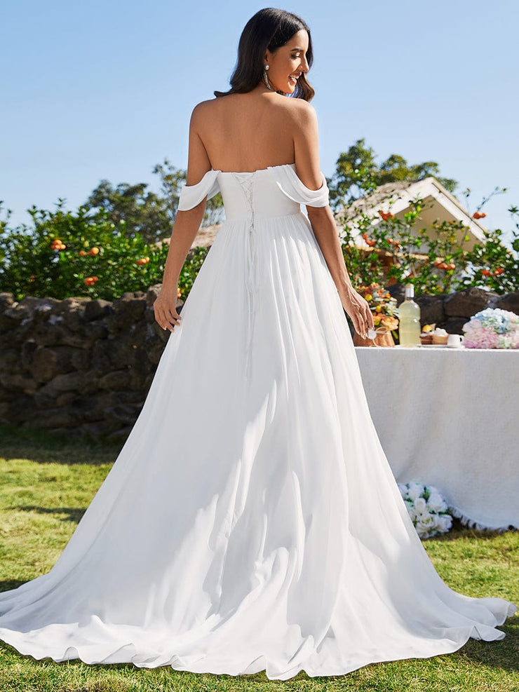 Corset-Back A-Line Chiffon Wedding Dresses featuring Off Shoulder Design