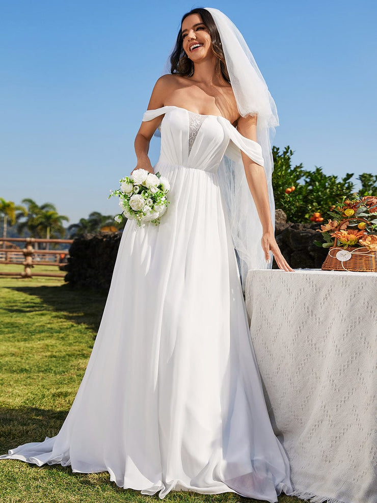 Corset-Back A-Line Chiffon Wedding Dresses featuring Off Shoulder Design