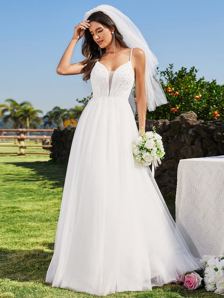 Pearl Embellishments V-Neck A-Line Wedding Dresses with Spaghetti Strap