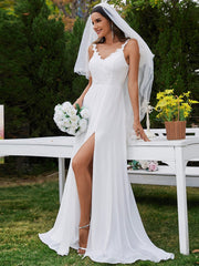 Floral Applique Straps V-Neck Chiffon High-Slit Wedding Dresses with Spaghetti Strap