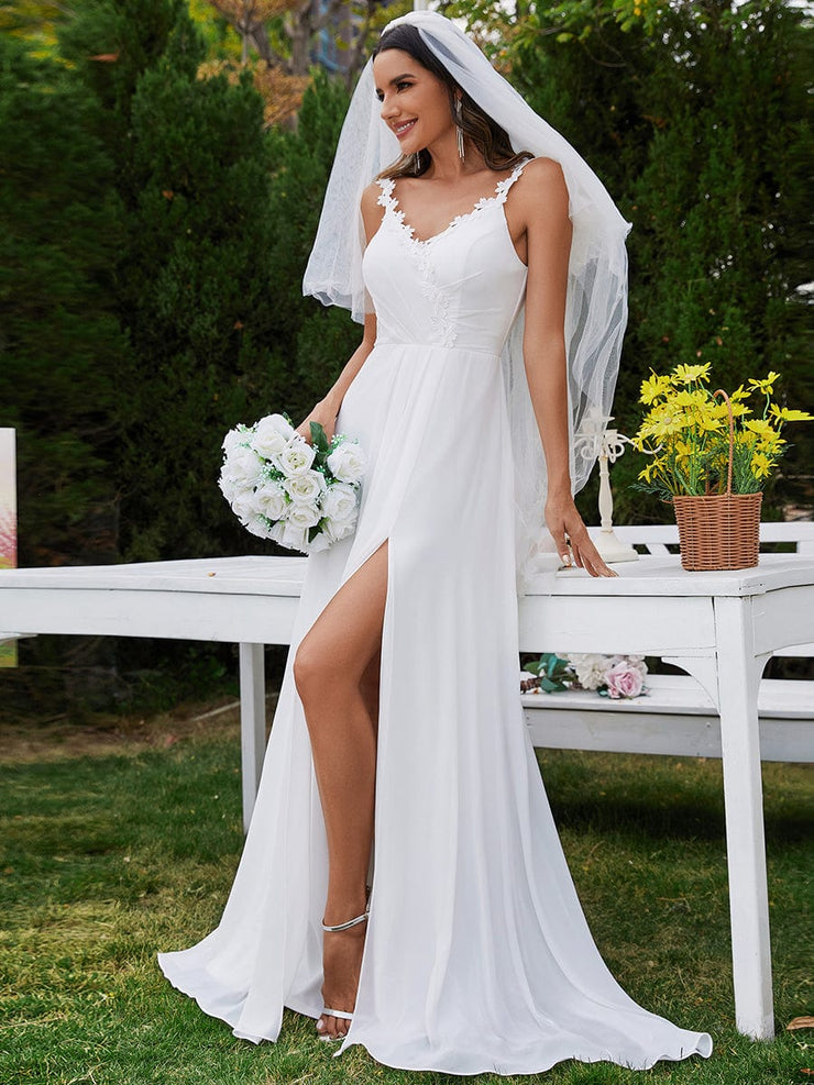 Floral Applique Straps V-Neck Chiffon High-Slit Wedding Dresses with Spaghetti Strap