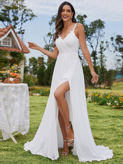 Floral Applique Straps V-Neck Chiffon High-Slit Wedding Dresses with Spaghetti Strap