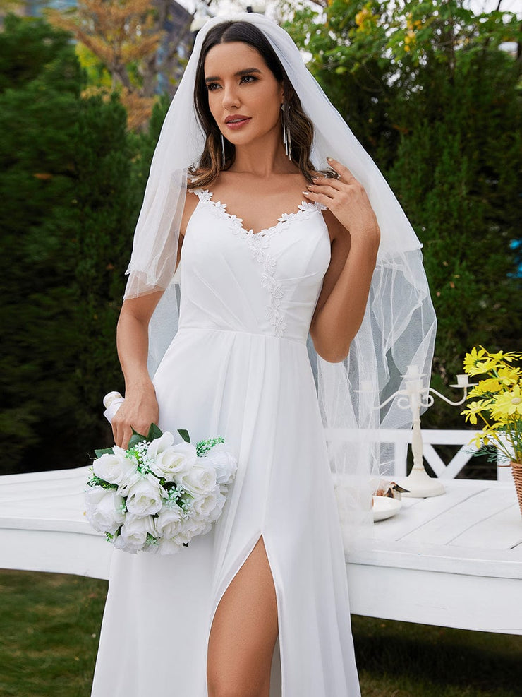 Floral Applique Straps V-Neck Chiffon High-Slit Wedding Dresses with Spaghetti Strap