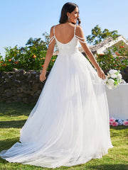 Pearl shoulder strap V-Neck Embroidered Wedding Dress with A-Line