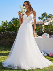 Pearl shoulder strap V-Neck Embroidered Wedding Dress with A-Line