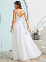 V-Neck Sleeveless Backless Paillette Tulle Wedding Dress