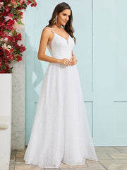 V-Neck Sleeveless Backless Paillette Tulle Wedding Dress