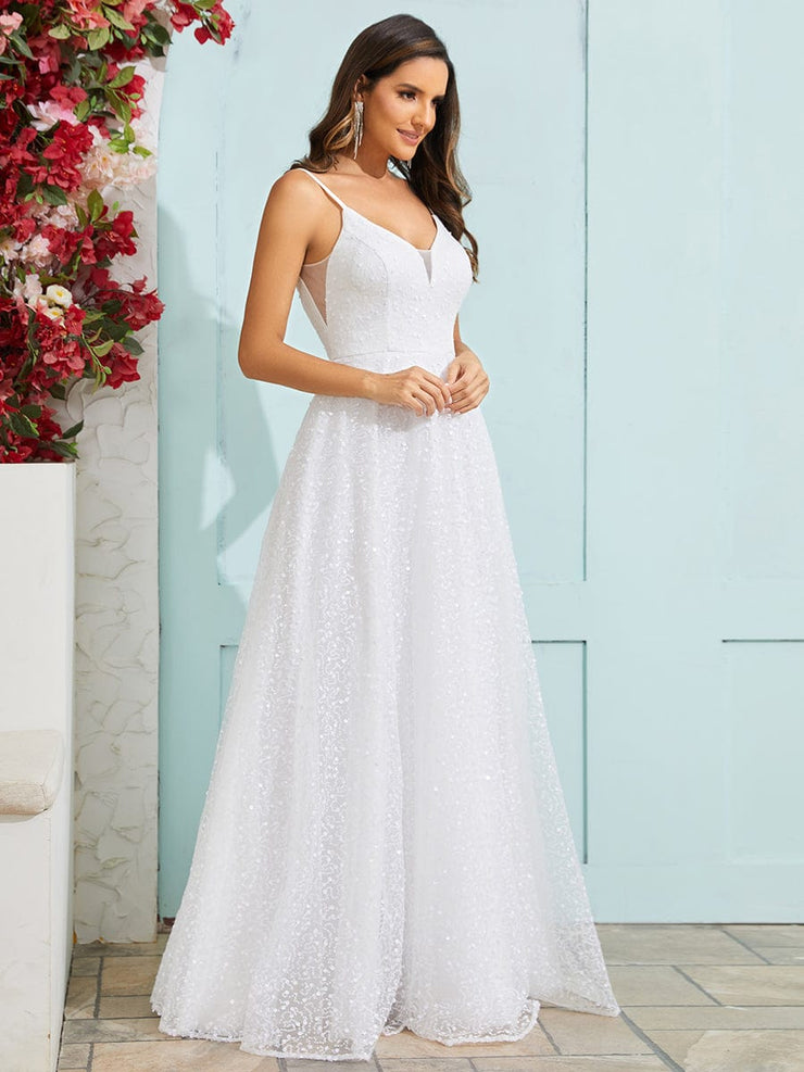 V-Neck Sleeveless Backless Paillette Tulle Wedding Dress